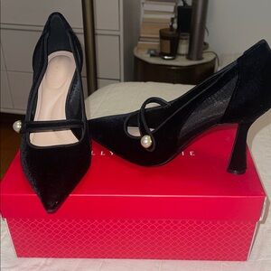 Kelly & Katie Black Velvet Heels with Pearl Detail